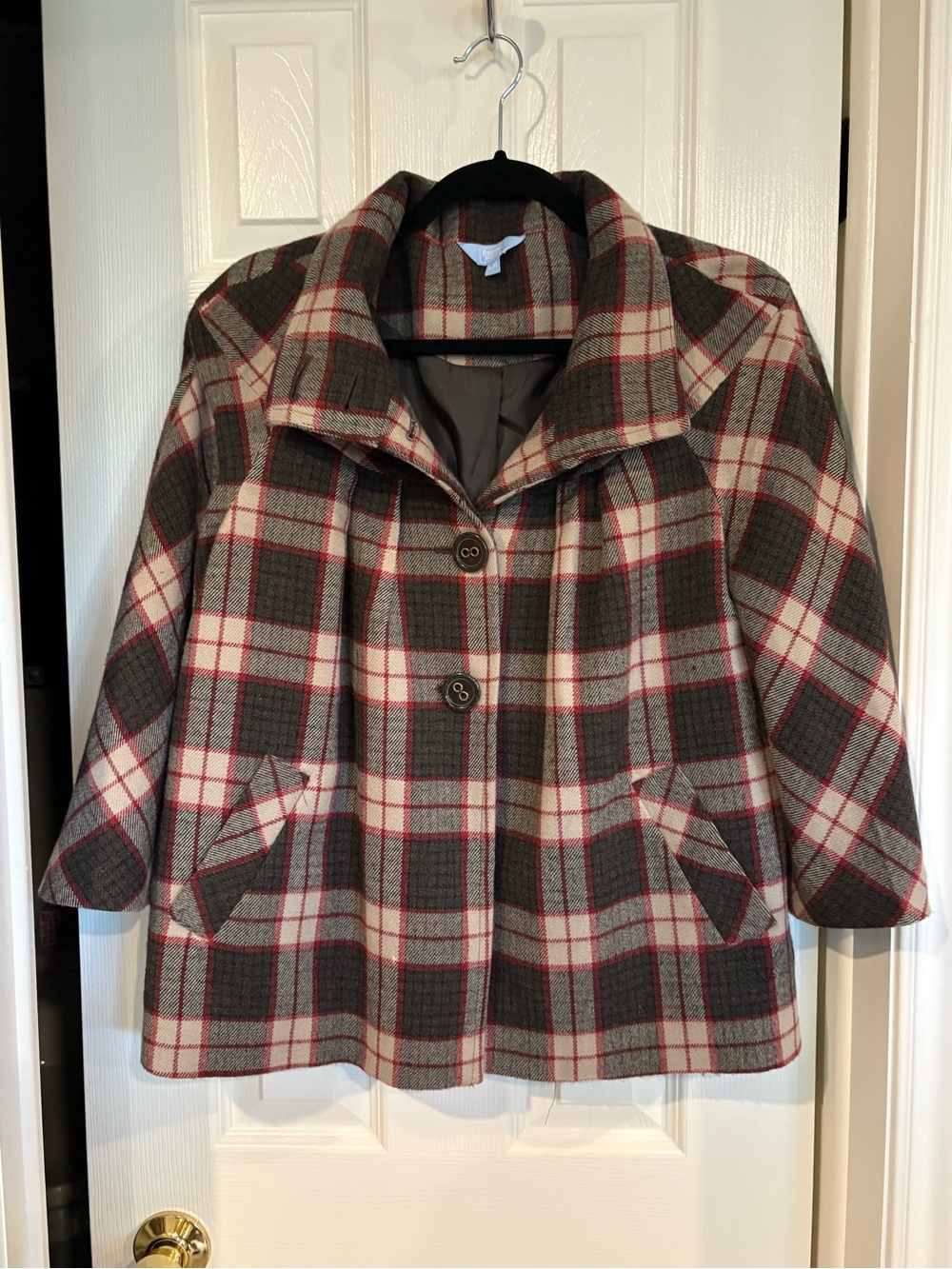 Denver Hayes Plaid Pea Coat in Brown, Cream & Red Accents